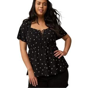 Torrid Women's Babydoll Lace-Up Top Black Size 5 5X Ditsy Floral Blouse NEW Y2K
